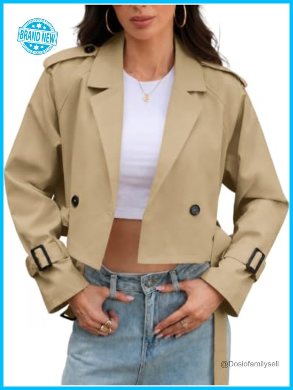 Cropped Trench Coat Belted Short Jacket Windproof Women